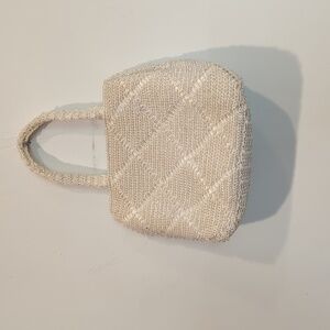 Vintage Ivory Crochet Beaded Handbag with Shoulder Strap